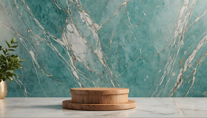 Elegant culinary presentation table podium. Wooden kitchen board standing on the white marble kitchen countertop with teal wall background - Powered by Adobe