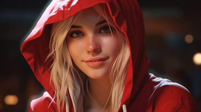 Mysterious woman in red hooded cloak