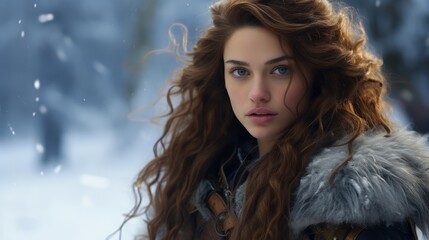 Captivating woman in winter coat with flowing hair