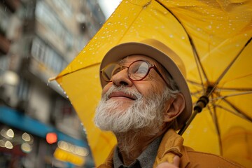 60 year old man with a yellow umbrella. Mann have a fun with rain