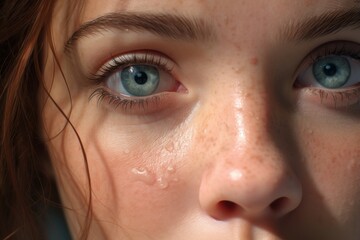 Fototapeta premium close-up portrait of a young woman with freckles and bright blue eyes