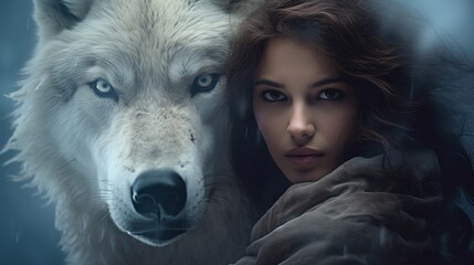 mysterious woman with white wolf