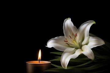 Elegant white lily flower and burning candle on black background