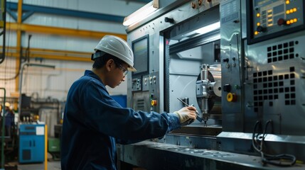 Machinist operating CNC milling machine in manufacturing plant