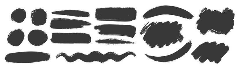 Decorative brush shapes set. Brush lines set. Vector black paint brush spots, highlighter lines or felt-tip pen marker. Ink smudge abstract shape stains and smear set with texture - Vector.
