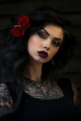 Naklejka premium Mysterious woman with dark hair and red roses
