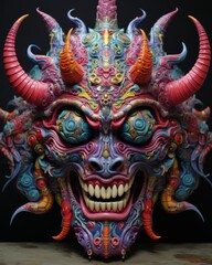 Obraz premium Colorful demonic creature with horns and sharp teeth