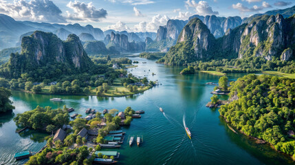 Panoramic view of Karst mountains and river with boat.