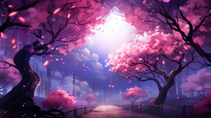 Surreal Pink Forest Pathway Under a Dreamy Sky