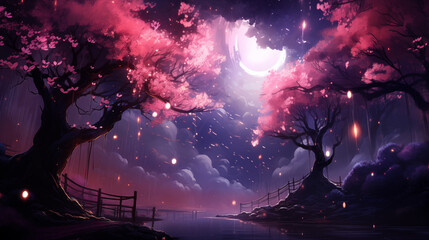 Starry Night with Pink Cherry Blossoms and Full Moon
