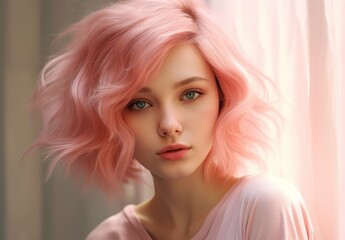 Fototapeta premium Dreamy portrait of a woman with vibrant pink hair