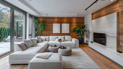 Comfortable and Stylish Modern Living Room with White Couch and Rectangular Picture Frame on Woodpaneled Wall