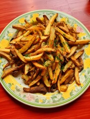 Delicious homemade french fries on a colorful plate