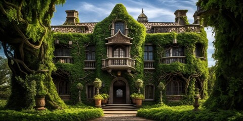 Obraz premium Enchanting overgrown castle in lush green forest