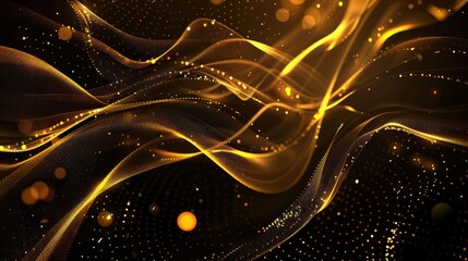 Dark backdrop features luminous golden particles in waving motion. Abstract glowing lines. Ai Generated