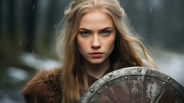 Fierce female warrior with shield in stormy weather