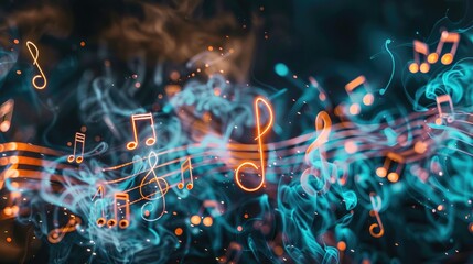 Fototapeta premium Music notes and signs converge to form melody on abstract dark backdrop. Musical banner. Ai Generated