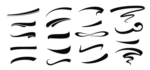 Hand lettering typography underline shapes set of vector illustration isolated on white background. Collection of black decorative pen lines and strokes.