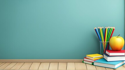 Happy Teachers Day, copy space, chalkboard, school ruler, apple, pencil book design. 3d illustration. - Powered by Adobe