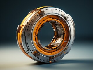 Intricate mechanical device with orange and silver components - obrazy, fototapety, plakaty