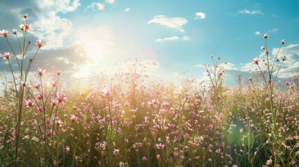 Sunlit spring meadow of tiny pink flowers against a blue sky backdrop