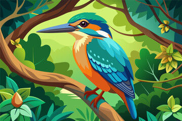 colorful kingfisher sits on tree, silhouette, Vector illustration, icon, svg, characters, Holiday t shirt, Hand drawn trendy Vector illustration, blue bird on a branch