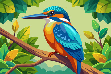 colorful kingfisher sits on tree, silhouette, Vector illustration, icon, svg, characters, Holiday t shirt, Hand drawn trendy Vector illustration, blue bird on a branch