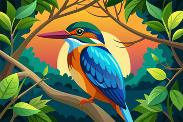 colorful kingfisher sits on tree, silhouette, Vector illustration, icon, svg, characters, Holiday t shirt, Hand drawn trendy Vector illustration, blue bird on a branch