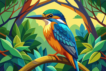 colorful kingfisher sits on tree, silhouette, Vector illustration, icon, svg, characters, Holiday t shirt, Hand drawn trendy Vector illustration, blue bird on a branch