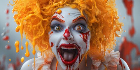 Scary clown with orange curly hair and bloody face