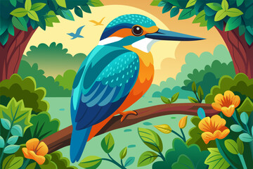 colorful kingfisher sits on tree, silhouette, Vector illustration, icon, svg, characters, Holiday t shirt, Hand drawn trendy Vector illustration, blue bird on a branch