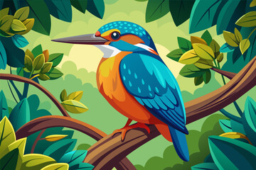 colorful kingfisher sits on tree, silhouette, Vector illustration, icon, svg, characters, Holiday t shirt, Hand drawn trendy Vector illustration, blue bird on a branch