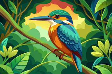 colorful kingfisher sits on tree, silhouette, Vector illustration, icon, svg, characters, Holiday t shirt, Hand drawn trendy Vector illustration, blue bird on a branch