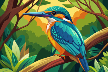 colorful kingfisher sits on tree, silhouette, Vector illustration, icon, svg, characters, Holiday t shirt, Hand drawn trendy Vector illustration, blue bird on a branch