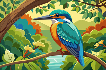 colorful kingfisher sits on tree, silhouette, Vector illustration, icon, svg, characters, Holiday t shirt, Hand drawn trendy Vector illustration, blue bird on a branch