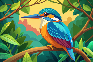 colorful kingfisher sits on tree, silhouette, Vector illustration, icon, svg, characters, Holiday t shirt, Hand drawn trendy Vector illustration, blue bird on a branch