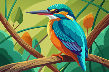 colorful kingfisher sits on tree, silhouette, Vector illustration, icon, svg, characters, Holiday t shirt, Hand drawn trendy Vector illustration, blue bird on a branch