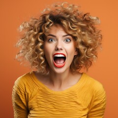 Energetic woman with curly hair expressing excitement