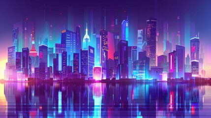 Futuristic cyberpunk skyline with neon-colored city at night, Reflecting in river, vibrant cityscape banner. Ai Generated
