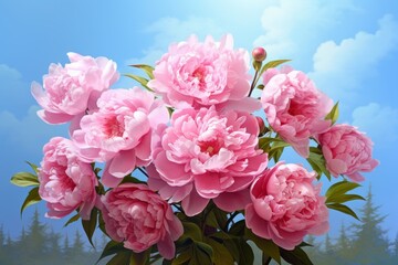 Vibrant pink peony flowers blooming against a blue sky