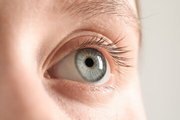 Obraz premium Macro photo of woman with beautiful eyes on light background