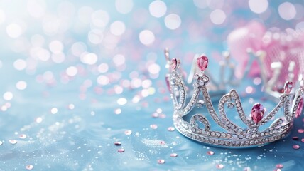 Silver tiara with pink gemstones on glittery blue background