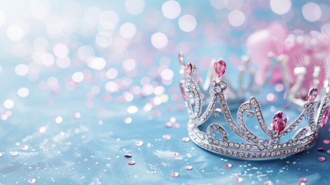 Silver tiara with pink gemstones on glittery blue background