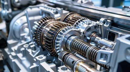 Fototapeta premium Close-up of transmission gearbox part with cogwheels, illustrating transmission mechanism. Ai Generated