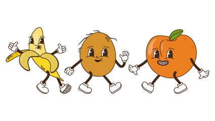 Fruits and berries in groovy style set. Banana coconut and orange. Characters trendy retro, comic mascot. Design banner poster. Y2k Hippie 70s, 80s. Vector illustration.