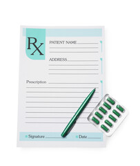 Medical prescription form, pen and pills on white background, top view