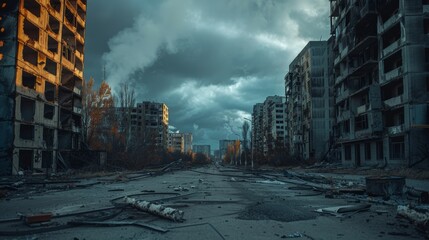 Charred buildings lining an abandoned urban street post-apocalypse