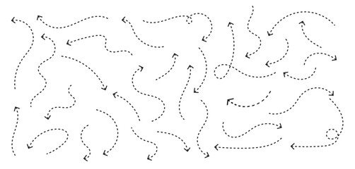 Clean dot style hand drawn doodle arrows set. Clean dot arrows style doodle set hand drawn. Curve Dotted line, preliminary.