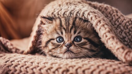 Cute cat hiding under a fur blanket
