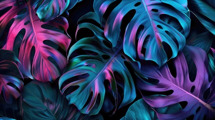 Creative backdrop with fluorescent exotic leaves pattern, evoking jungle fauna, Ai Generated.